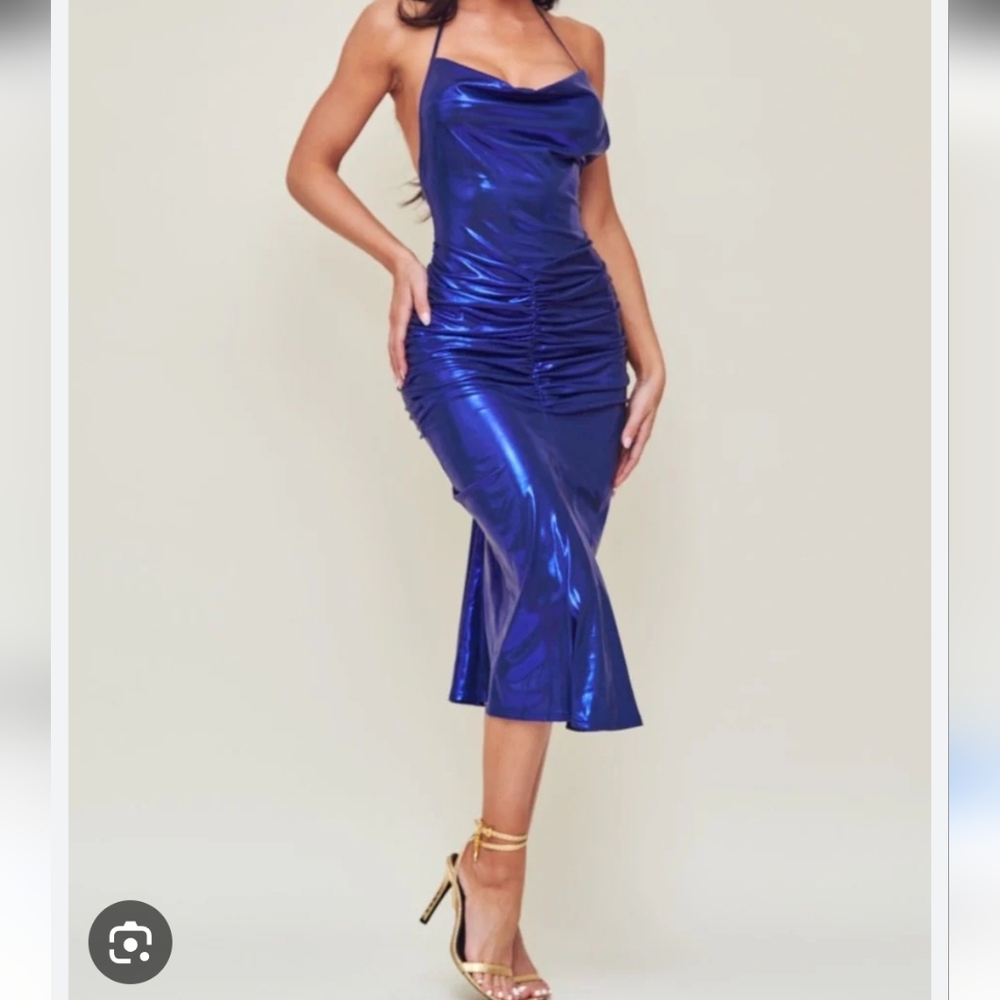 Fashion Nova True Essence Metalic Midi‎ Dress Sexy Cowlneck Royal M Party